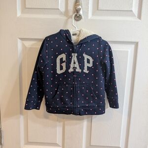 GAP Dark Blue Hoodie with Pink Heart Pattern Sherpa lined - 4 Yr Old